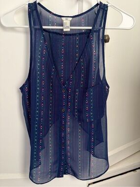 Forever 21 Navy Sheer V Neck Striped Button-Front with Pocket Size S